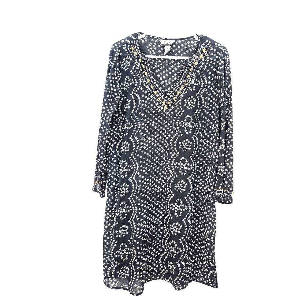 CZ  Cover-Ups Size Med Cotton Black Beaded Boho Swim Beach Ditsy Print Vacation